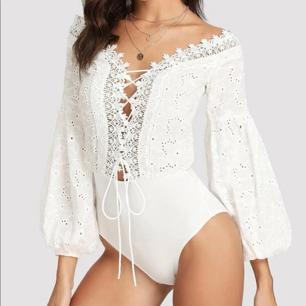 Off The Shoulder Eyelet Embroidered Bodysuit - Picture 2 of 4